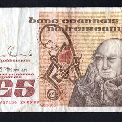 1989 Ireland IR5 Johannes Scotus Erigena Banknote Series B. Note issued 29/09/23. Serial number JJF65736