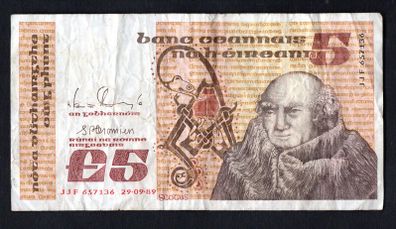 1989 Ireland IR5 Johannes Scotus Erigena Banknote Series B. Note issued 29/09/23. Serial number JJF65736