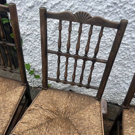 Set of 3 Vintage Solid Wood Rush Seat Farmhouse Dining Chairs