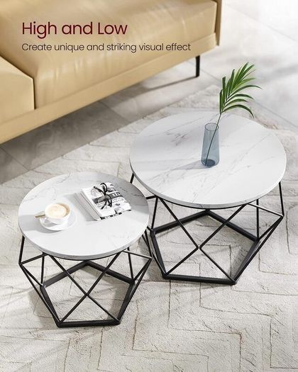 NEW SALE | Round Coffee Tables, Set of 2 Side Tables, Modern Style, Removable Tabletop, Steel Frame, for Living Room, White and Black