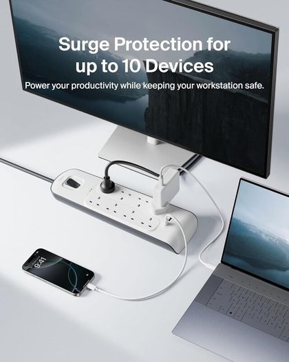 Extension Lead with USB Slots x 2 (2.4 A Shared), 8 Way/8 Plug Extension, 2m Surge Protected Power Strip - White