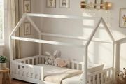 Children's Bed 90 x 200 cm Floor Bed with Fall Protection and Slatted Frame for Children Children's Beds for Girls and Boys Solid Pine Wood in White