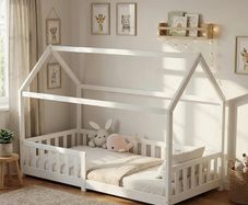 Children's Bed 90 x 200 cm Floor Bed with Fall Protection and Slatted Frame for Children Children's Beds for Girls and Boys Solid Pine Wood in White