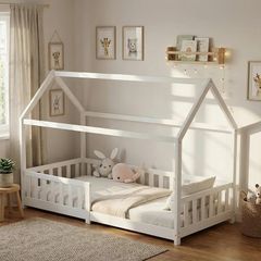 Children's Bed 90 x 200 cm Floor Bed with Fall Protection and Slatted Frame for Children Children's Beds for Girls and Boys Solid Pine Wood in White