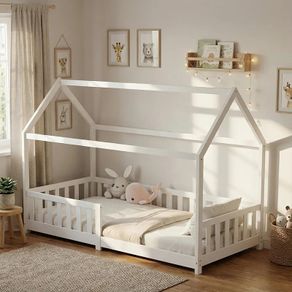 Children's Bed 90 x 200 cm Floor Bed with Fall Protection and Slatted Frame for Children Children's Beds for Girls and Boys Solid Pine Wood in White