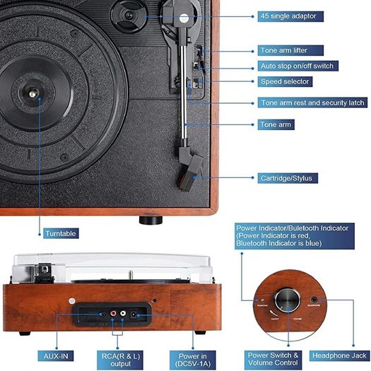 Bluetooth Record Player Belt-Driven 3-Speed Turntable, Vintage Vinyl Record Players Built-in Stereo Speakers, with Headphone Jack/Aux Input/RCA Line Out, Wooden (FREE POSTAGE)