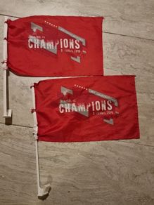 Two Liverpool Champions of Europe flags 2019.