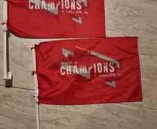 Two Liverpool Champions of Europe flags 2019.