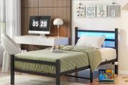 3ft Single Bed Frame with Headboard &amp; LED Lights,Heavy Duty Metal Platform Bed Frame with Charging Station
