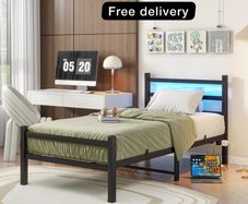 3ft Single Bed Frame with Headboard & LED Lights,Heavy Duty Metal Platform Bed Frame with Charging Station