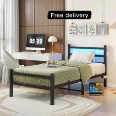 3ft Single Bed Frame with Headboard & LED Lights,Heavy Duty Metal Platform Bed Frame with Charging Station