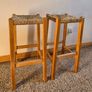 Pair of Vintage Solid Oak Counter-Height Stools with Handwoven Rush Seats Image 2