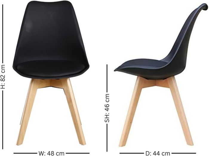 Retro Modern Dining Chairs  Lorenzo Plastic Chairs with Cushioned Pad Seat  Solid Beech Wooden Legs Side Chair for Living Room Kitchen Office Lounge Black, Pack of 2