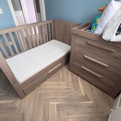 Mama and papas cot, mattress, chest of drawers