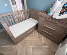 Mama and papa cot, mattress and chest of drawers