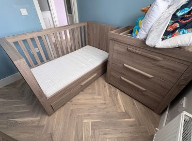 Mama and papa cot, mattress and chest of drawers