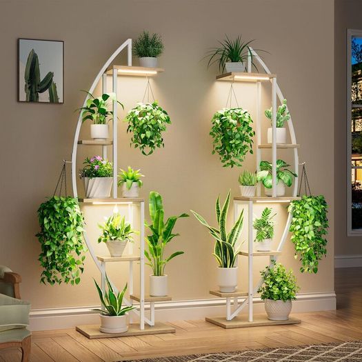 Plant Stand Indoor with Grow Lights, 6 Tiered Tall Plant Shelf, Metal Plant Stand for Indoor Plants Multiple, Half-Moon Plant Rack Display Shelf, 2 Pcs Plant Holder for Living Room, Patio