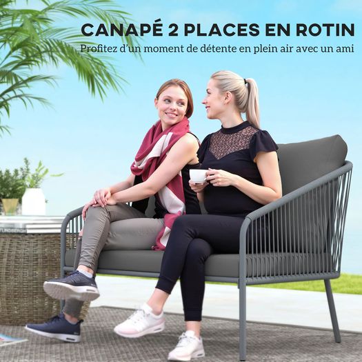 2-Seater Resin Wicker Garden Sofa with Cushions, Outdoor Sofa with Armrests, Steel Frame