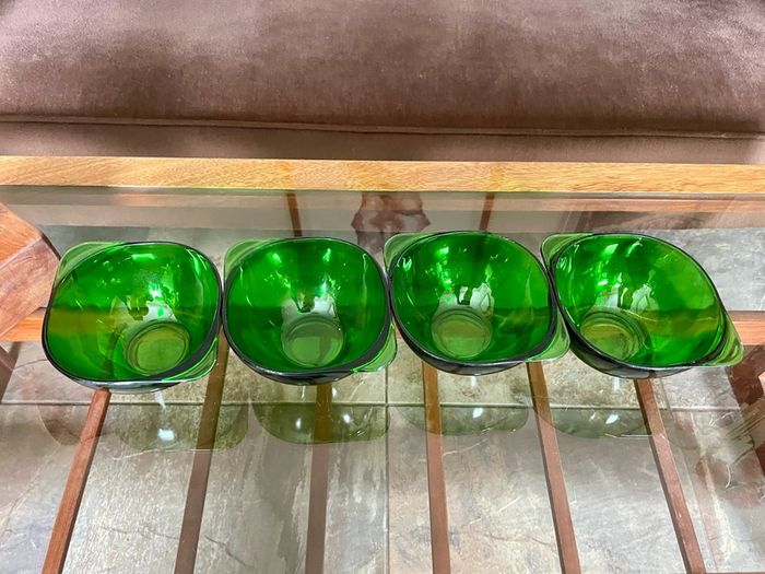 4 Stylish Vintage Vereco France Forest Green Clear Bowls with Tab Handles 1960 70s