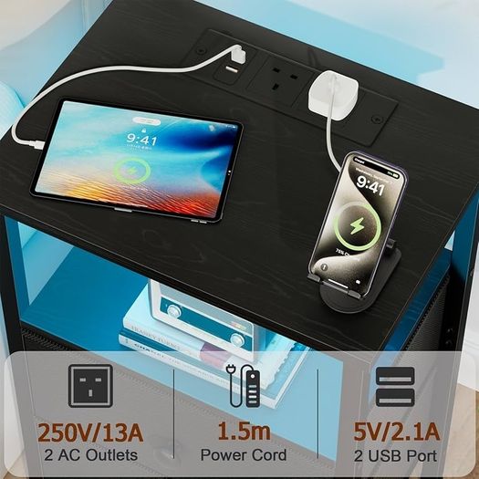 Bedside Table with LED Light, Small Side Table with Charging Station, Nightstand with 2 Fabric Drawers and Open Storage Shelf, Bedside Cabinet for Living Room, Bedroom, Black