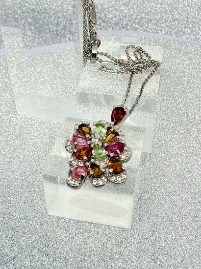 Multi-Tourmaline & White Zircon Pendant with Chain