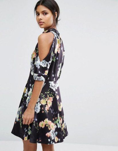 WHISTLES Floral Print Cold Shoulder Silhouette Dress