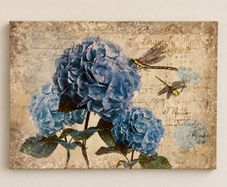 Blue Hydrangea & Dragonfly Canvas Vintage Style Wall Art