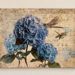 Blue Hydrangea & Dragonfly Canvas Vintage Style Wall Art