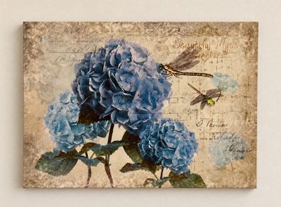 Blue Hydrangea & Dragonfly Canvas Vintage Style Wall Art