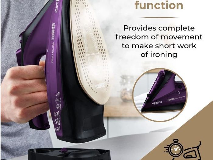 Tower T22008 CeraGlide Cordless Steam Iron with Ceramic Soleplate and Variable Steam Function, Purple