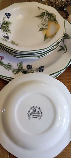Set 20 pcs  by Churchill England, featuring a charming fruit and blossom design with a classic green rim. Beautifully made English pottery with lovely detail and quality.