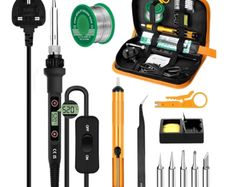 Iron Kit 80W LCD Adjustable Temperature 180-520 C, 13 in 1 Electric Soldering Iron Kit Welding Tool, Solder Wire, 5 Soldering Tips, Desoldering Pump, Wire Stripper Cutter, Stand, Tweezer