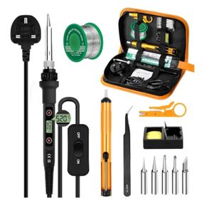 Iron Kit 80W LCD Adjustable Temperature 180-520 C, 13 in 1 Electric Soldering Iron Kit Welding Tool, Solder Wire, 5 Soldering Tips, Desoldering Pump, Wire Stripper Cutter, Stand, Tweezer