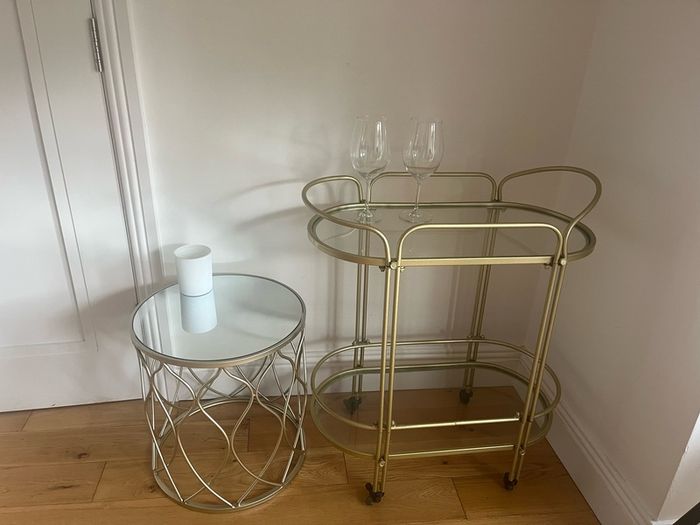 Gold drinks trolley and coffee table