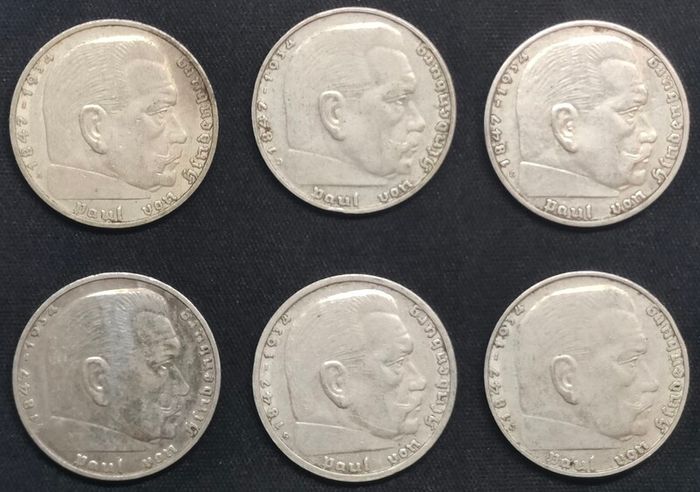 Complete Set - Germany 2 Reichsmark 1937 - All Mint Marks A,D,E,F,G,J