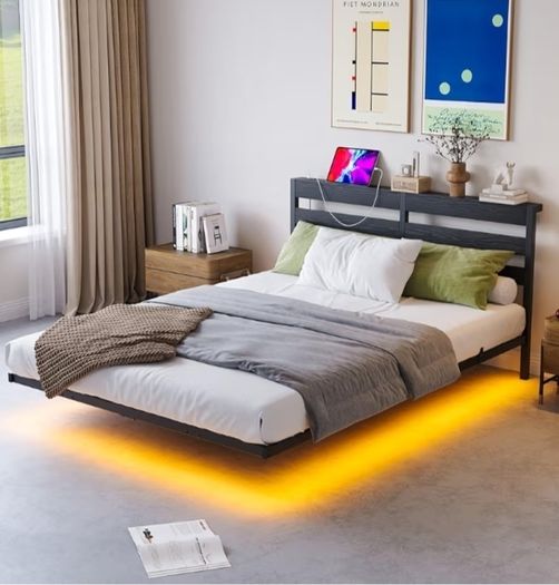 Double 4ft6 Floating Bed Frame with LED Lights, Metal Platform Bed Frame with USB Charging Station Double Size, No Box Spring Needed, Metal Slat Support, Noise Free, Black