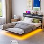 Double 4ft6 Floating Bed Frame with LED Lights, Metal Platform Bed Frame with USB Charging Station Double Size, No Box Spring Needed, Metal Slat Support, Noise Free, Black Image 3