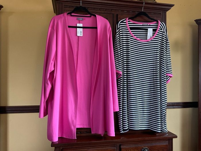 NEW  FURTHER REDUCED from SAMOON a pink casual cardigan with side slits and a matching black and white top with pink trim . Length of both items is 33 inches