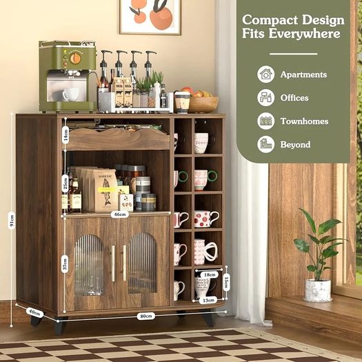 Kitchen Storage Cupboard with Mug Holder Display, Kitchen Sideboard with Drawers & Double Doors, Pantry Cabinet Unit Perfect for Coffee Station, Living Room Buffet & Home Drinks Bar  Brown