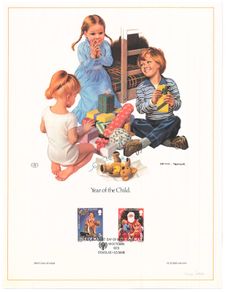 1979 Isle of Man Limited Edition Lithographed Print measuring 333mm X 257mm showing Christmas/ Year of the Child Commemorative Stamps with First Day of Issue Cancel