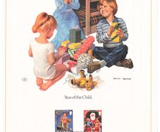 1979 Isle of Man Limited Edition Lithographed Print measuring 333mm X 257mm showing Christmas/ Year of the Child Commemorative Stamps with First Day of Issue Cancel