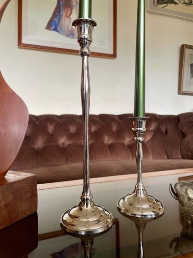 Pair of Slender 19th Century Style Silver Chrome Metal Candlesticks