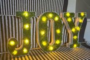 New bespoke 21.5cm high pre lit JOY sign with faux moss
