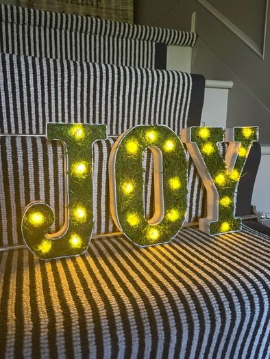 New bespoke 21.5cm high pre lit JOY sign with faux moss