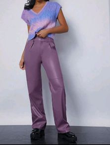 PU Leather Women's Pants Purple, High-Waist, Straight Leg