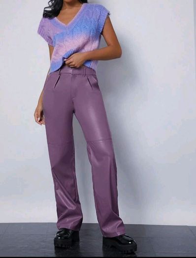 PU Leather Women's Pants Purple, High-Waist, Straight Leg