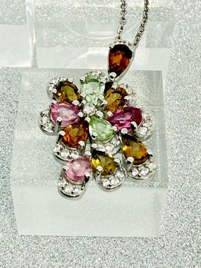 Multi-Tourmaline & White Zircon Pendant with Chain
