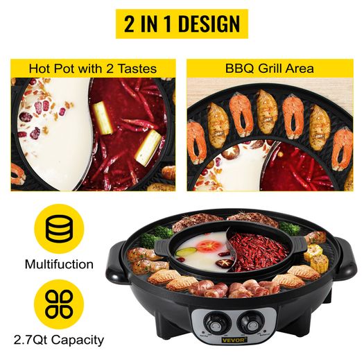 BRAND NEW 2 in 1 Electric Hot Pot BBQ Grill 2200W Multifunction Portable Home Non-Stick Split Pot Smokeless Skillet Barbecue Pan