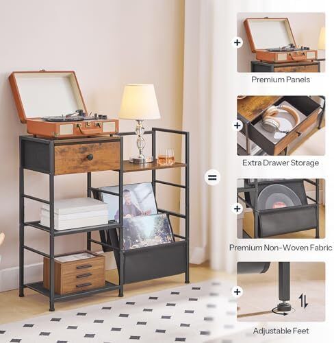 Record Player Stand, End Table with Vinyl Storage, 4 Tier Vinyl Record Storage, Side Table with Open Shelves, Turntable Stand for Living Room, Media Room, Rustic Brown