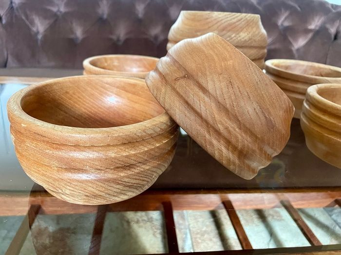 Rare Set 6 Rustic Irish Wood Turned Beehive Style Bowls Retos Shannon 1970s